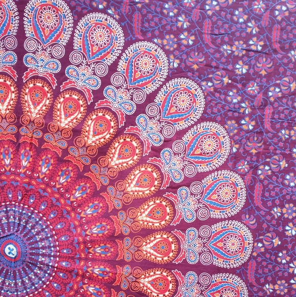 Maroon Peacock Feather Mandala Tapestry Art - Picture 3 of 5